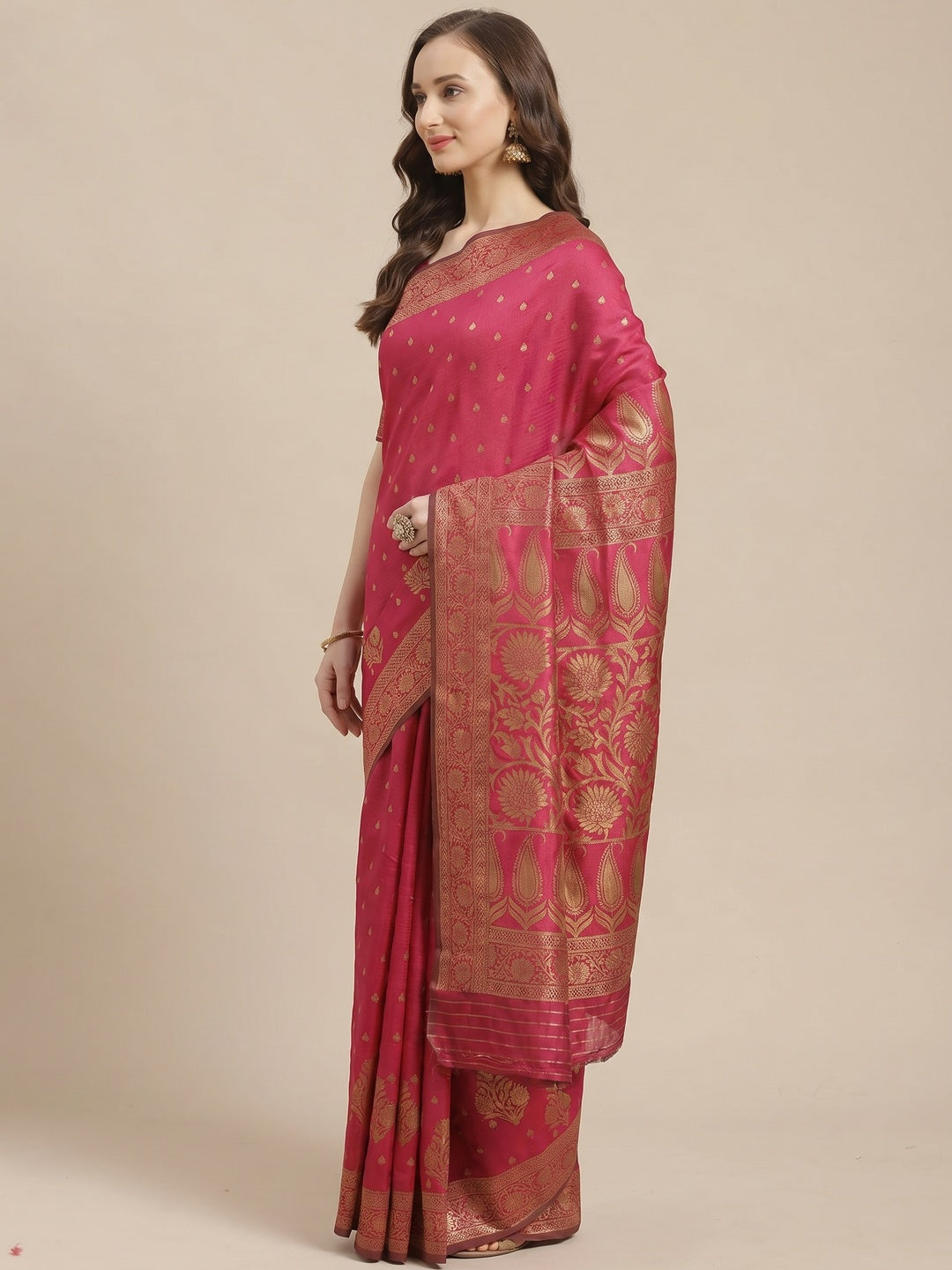 Flirty Pink Colored Festive Wear Woven Silk Blend Saree - Image 1