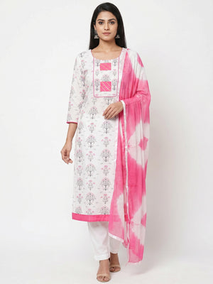 Elegant White - Pink Colored Casual Printed Cotton Dress Material - Image 1