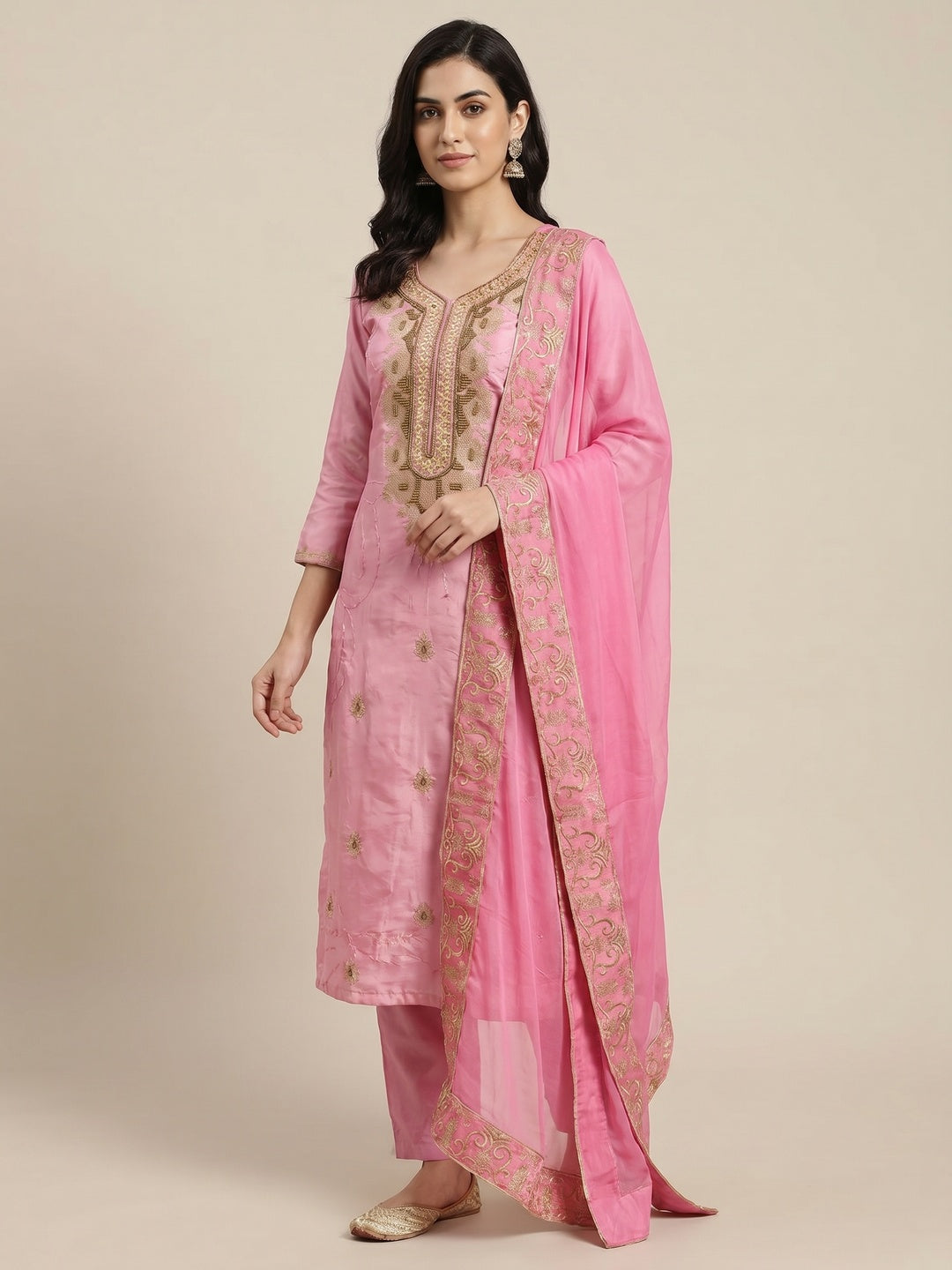 Adorning Light Pink Colored Casual Wear Embroidered Heavy Modal Silk Dress Material - Image 1