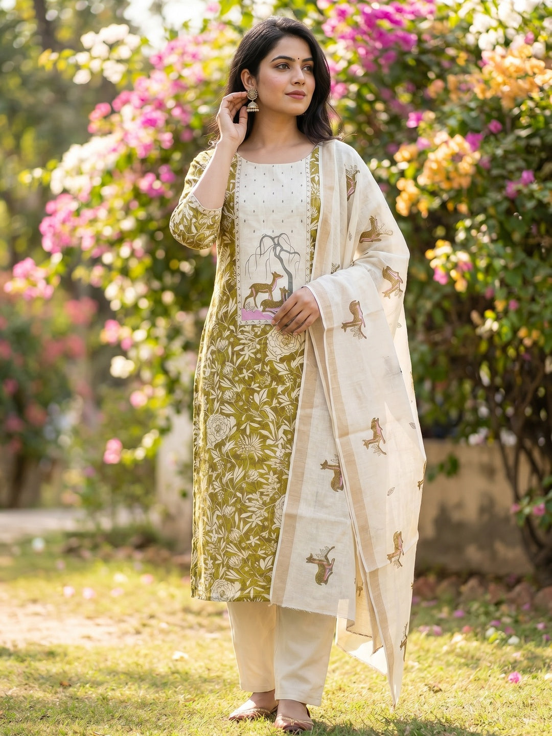 Elegant Green Linen Dress Material with Whimsical Deer Print - Image 2