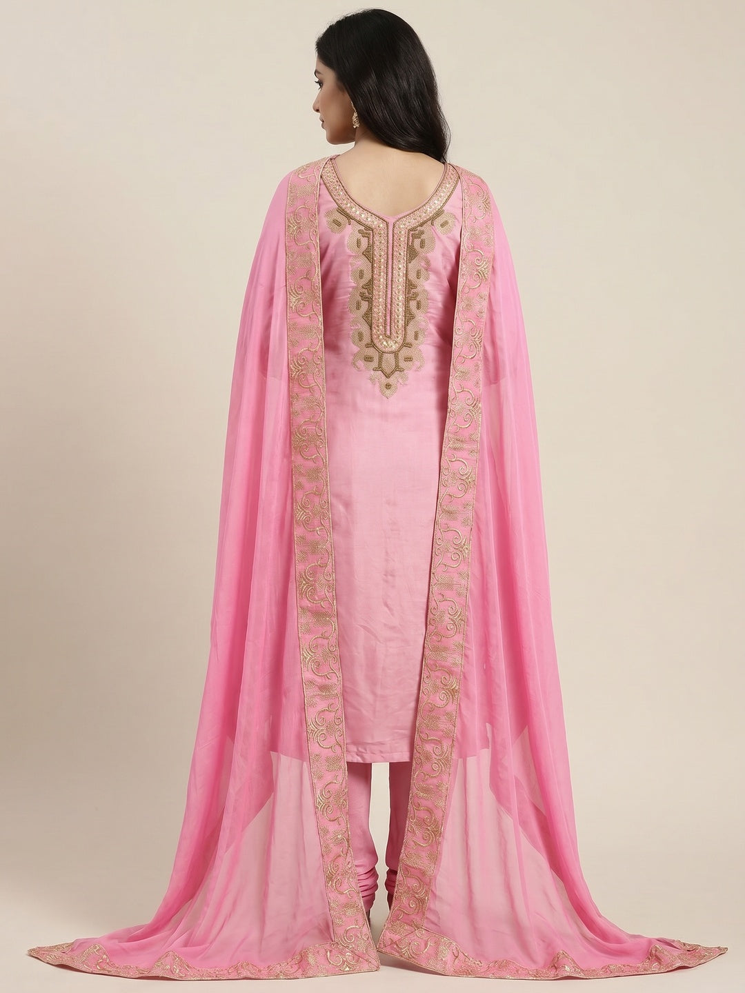 Adorning Light Pink Colored Casual Wear Embroidered Heavy Modal Silk Dress Material - Image 2