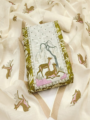 Elegant Green Linen Dress Material with Whimsical Deer Print - Image 1