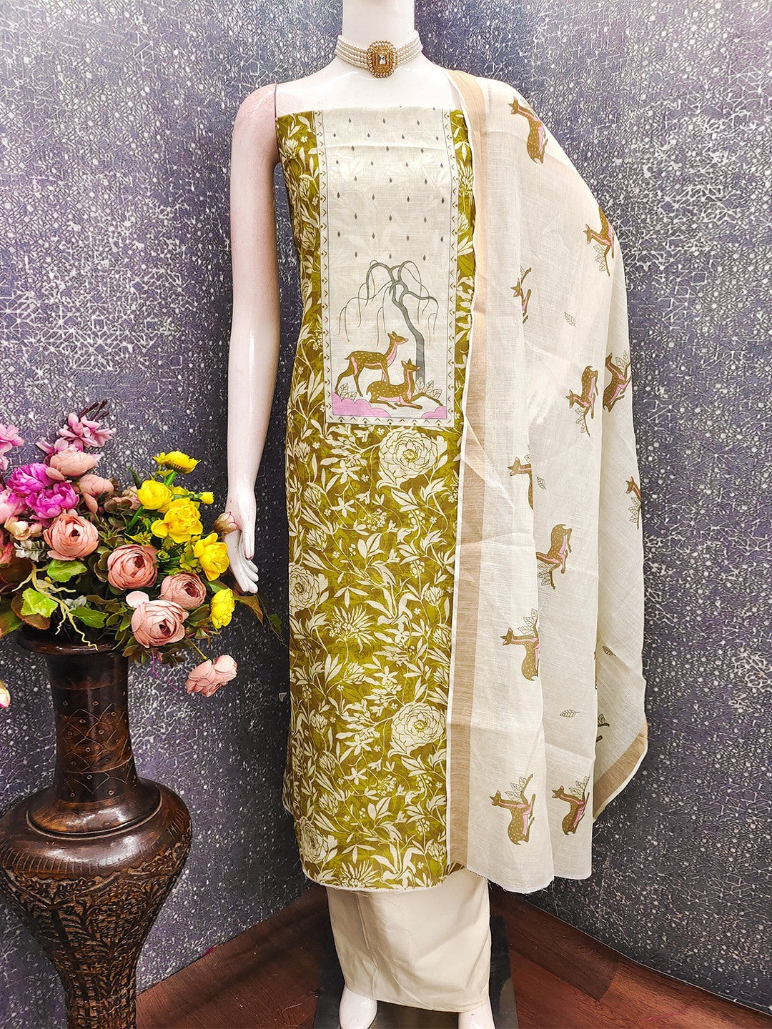 Elegant Green Linen Dress Material with Whimsical Deer Print - Image 3