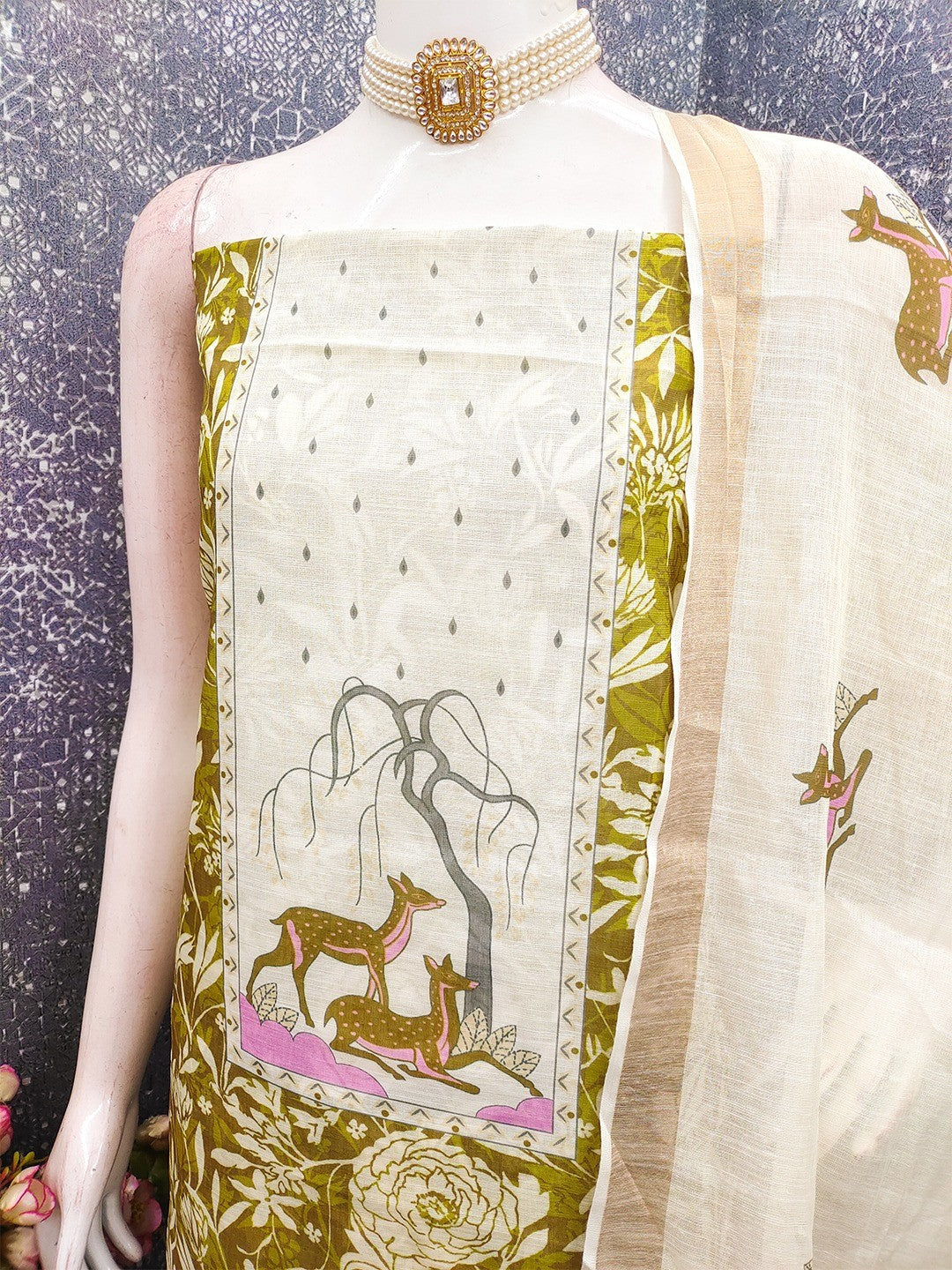 Elegant Green Linen Dress Material with Whimsical Deer Print - Image 4