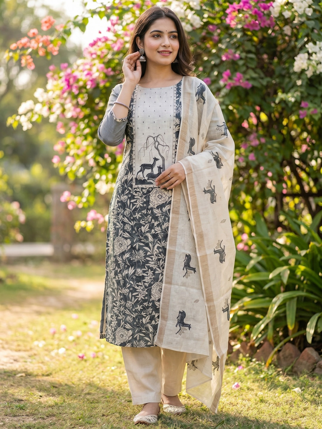 Elegant Grey Linen Dress Material with Nature-Inspired Printed Design - Image 2
