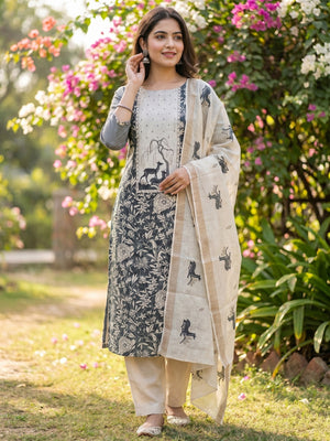 Elegant Grey Linen Dress Material with Nature-Inspired Printed Design - Image 2