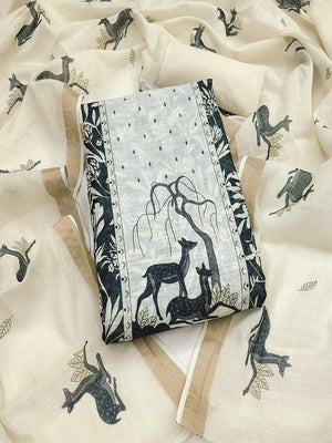 Elegant Grey Linen Dress Material with Nature-Inspired Printed Design - Image 1
