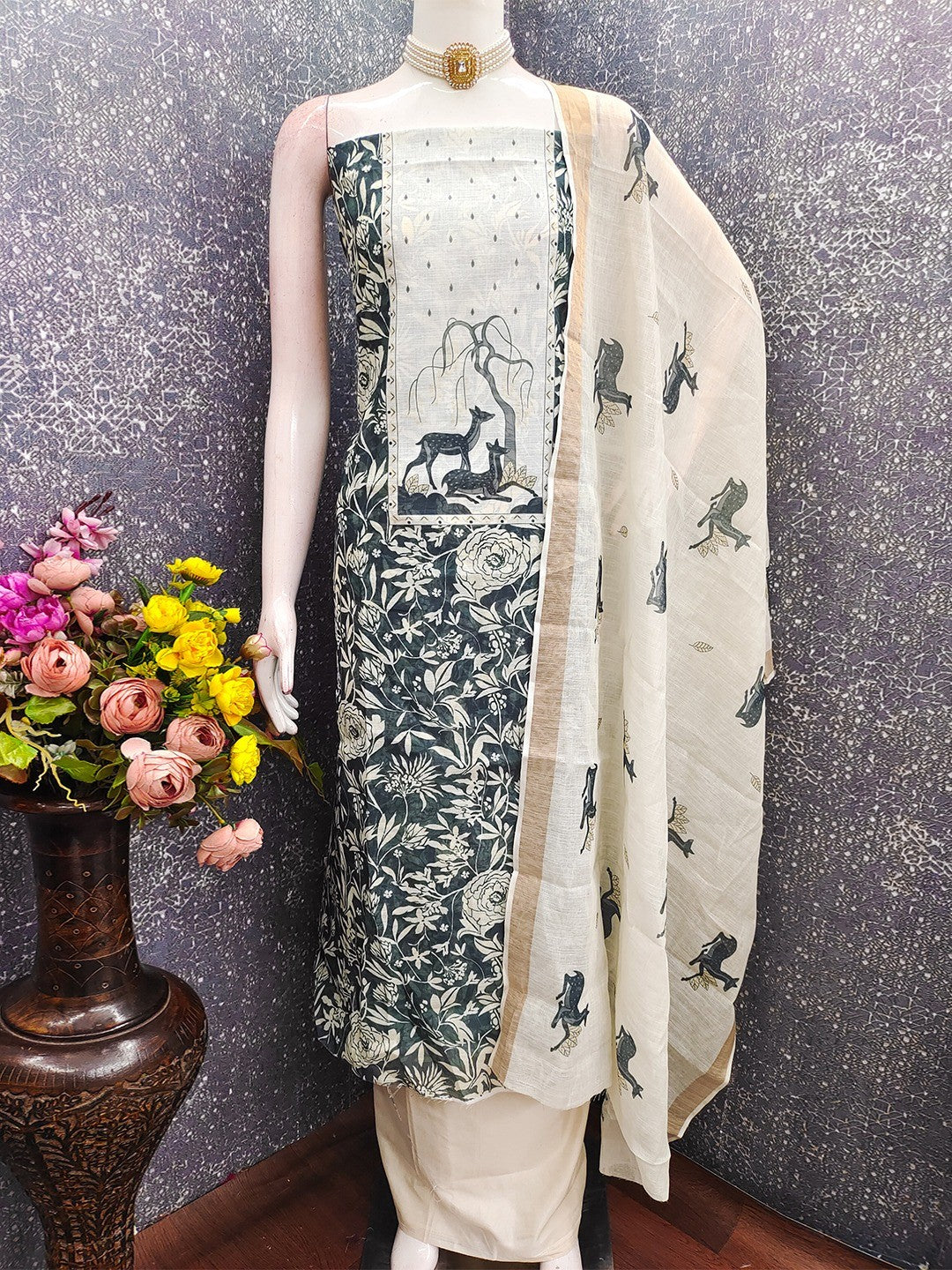 Elegant Grey Linen Dress Material with Nature-Inspired Printed Design - Image 3