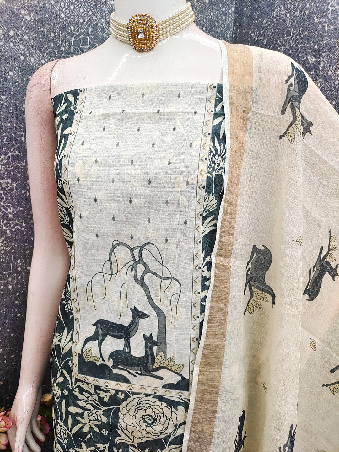 Elegant Grey Linen Dress Material with Nature-Inspired Printed Design - Image 4