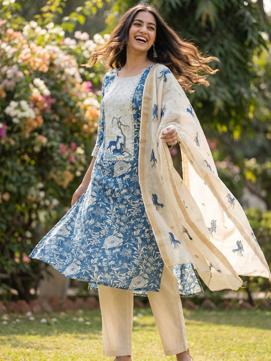 Blue Linen Dress Material with Floral & Animal Print Design - Image 1
