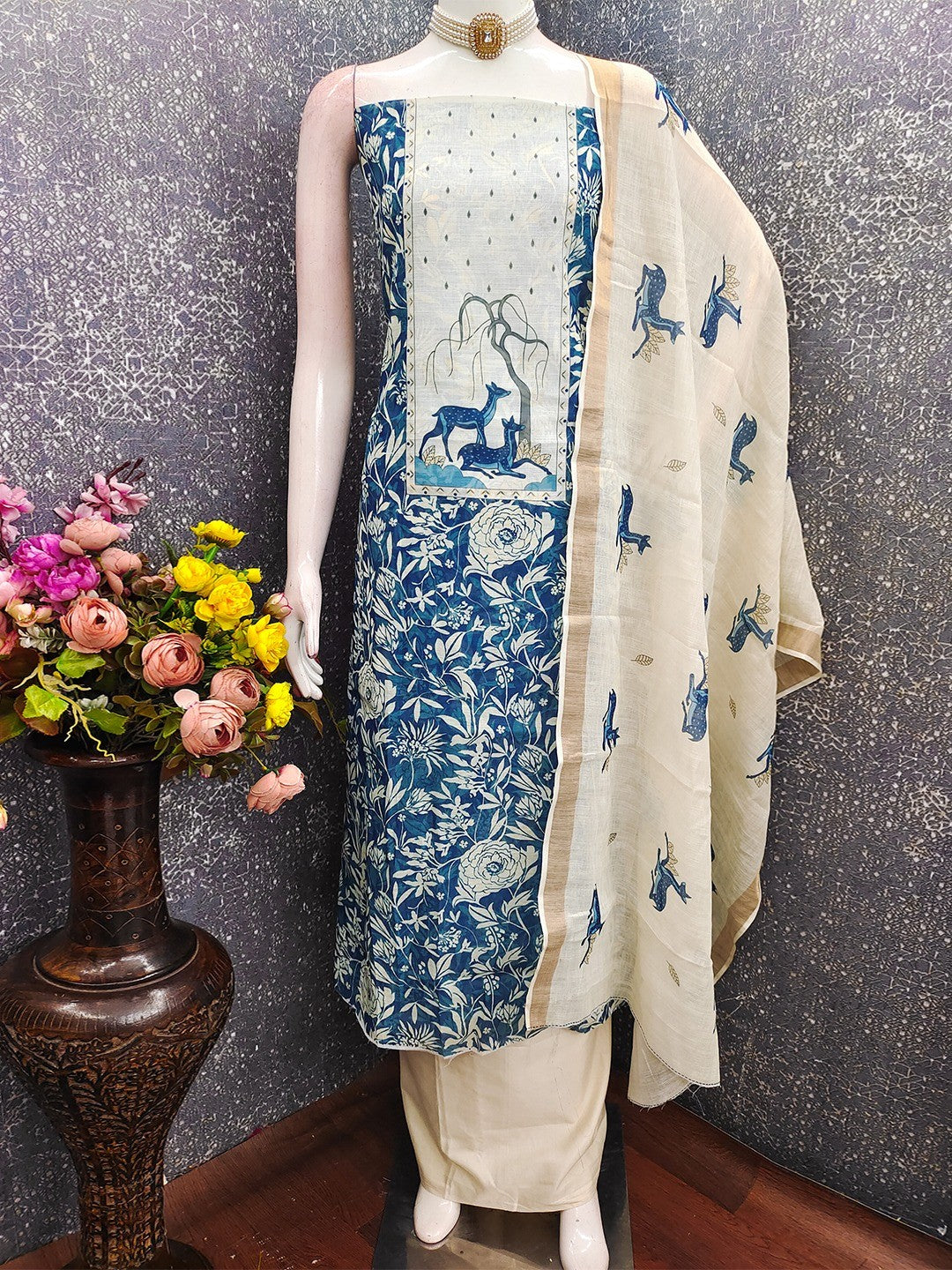 Blue Linen Dress Material with Floral & Animal Print Design - Image 3