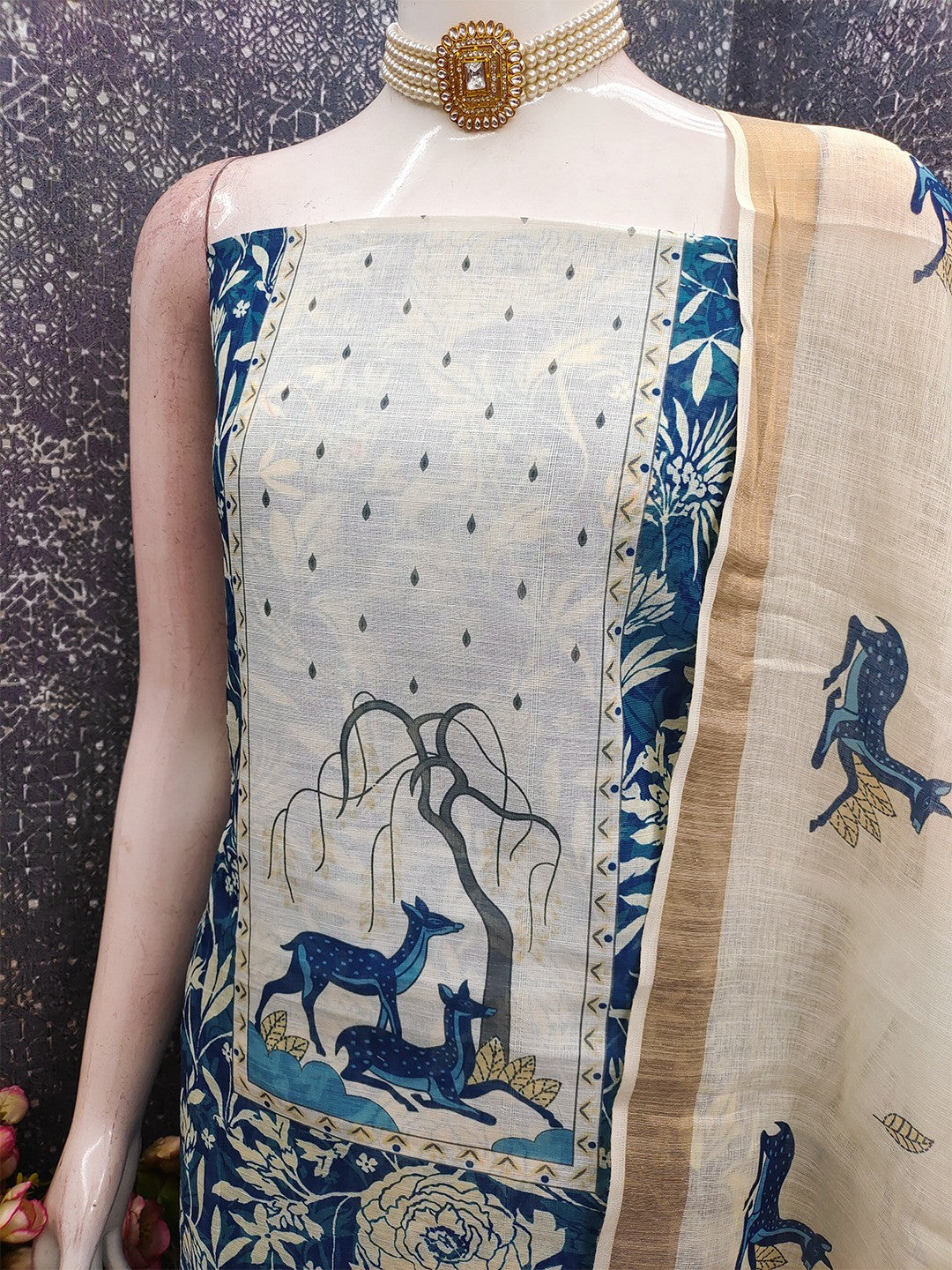 Blue Linen Dress Material with Floral & Animal Print Design - Image 4