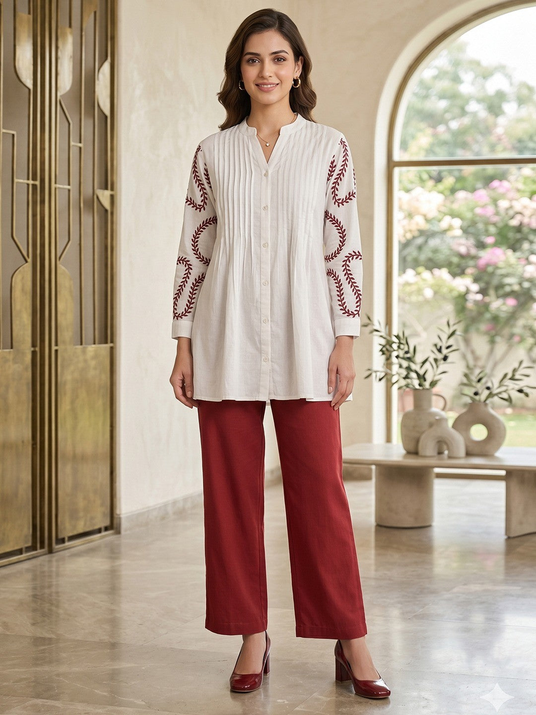 White Cotton Top and Bottom Set with Thread Work - Image 1