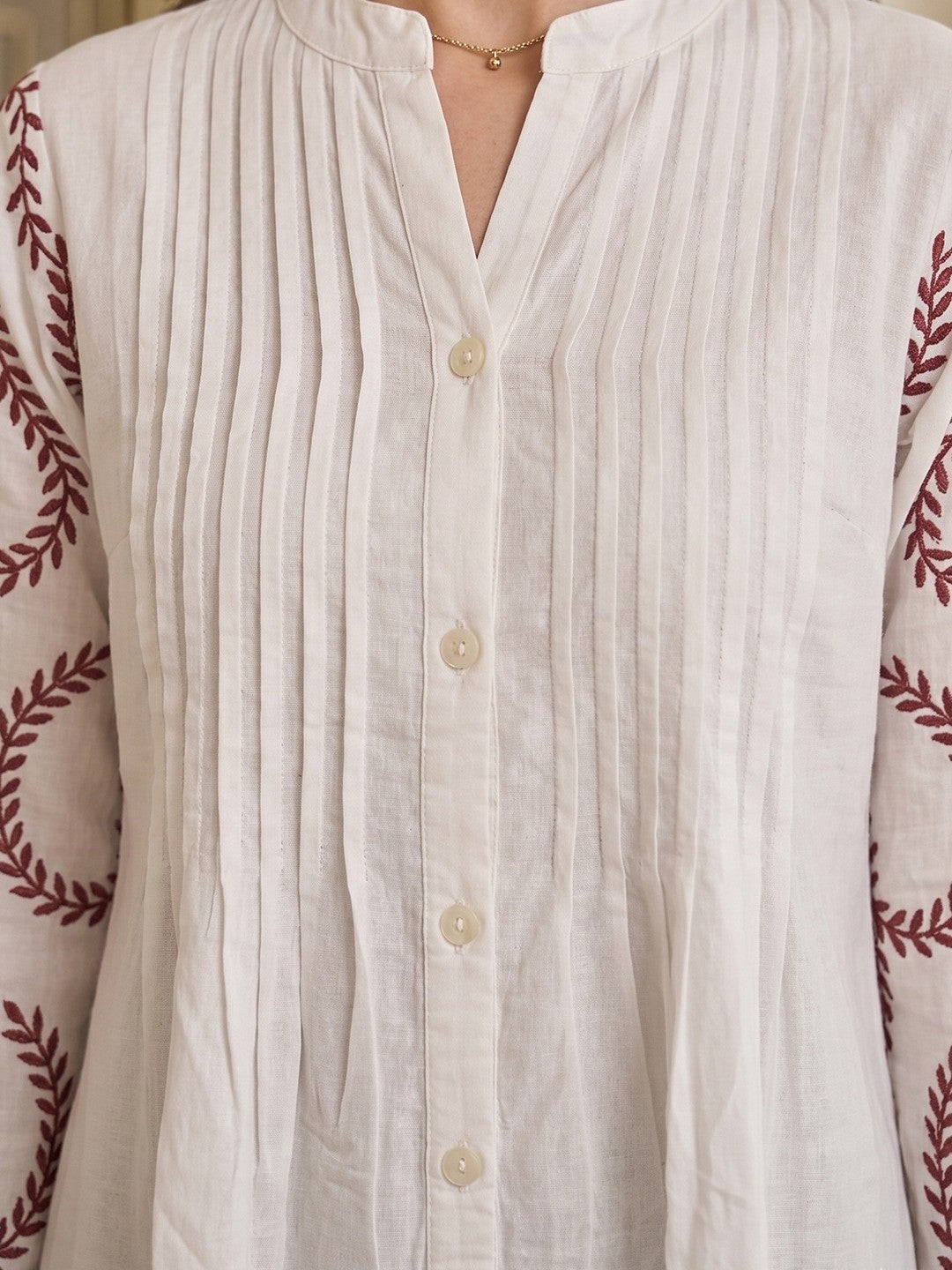 White Cotton Top and Bottom Set with Thread Work - Image 2