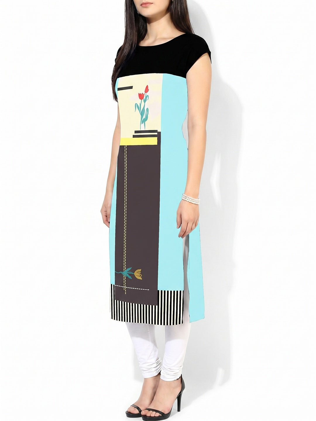 Demanding Sky Blue-Multi Colored Casual Printed Crepe Kurti - Image 1
