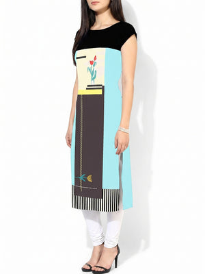 Demanding Sky Blue-Multi Colored Casual Printed Crepe Kurti - Image 1