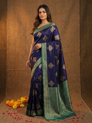 Breathtaking Navy Blue Colored Festive Wear Woven Soft Silk Saree - Image 1