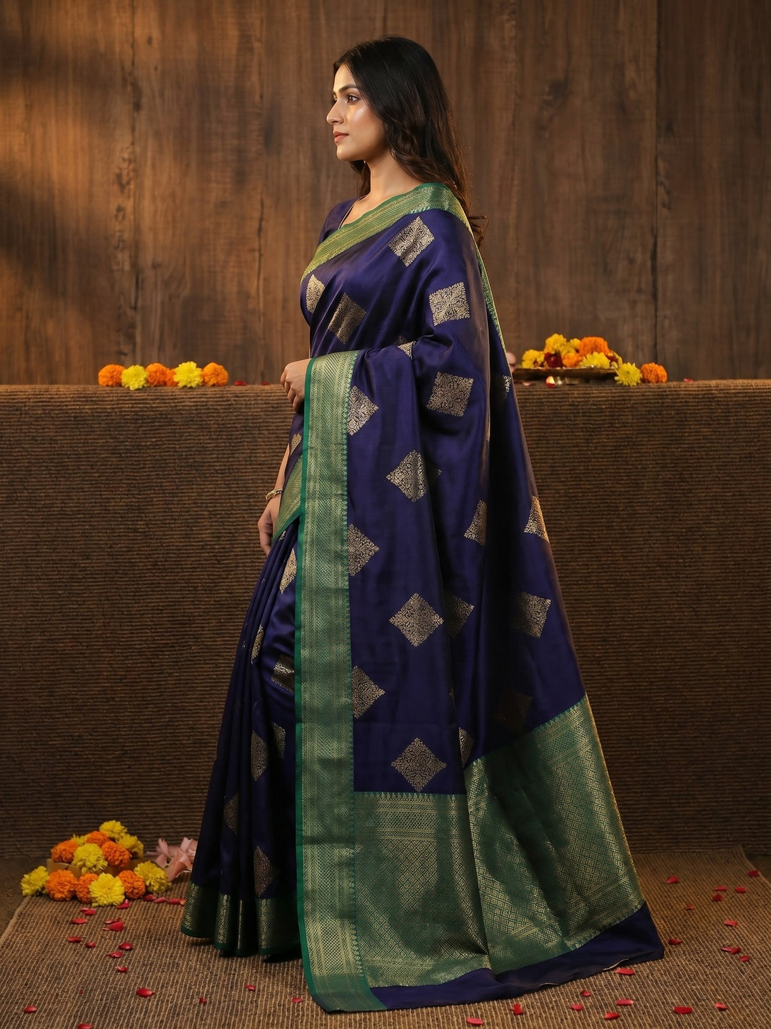 Breathtaking Navy Blue Colored Festive Wear Woven Soft Silk Saree - Image 3