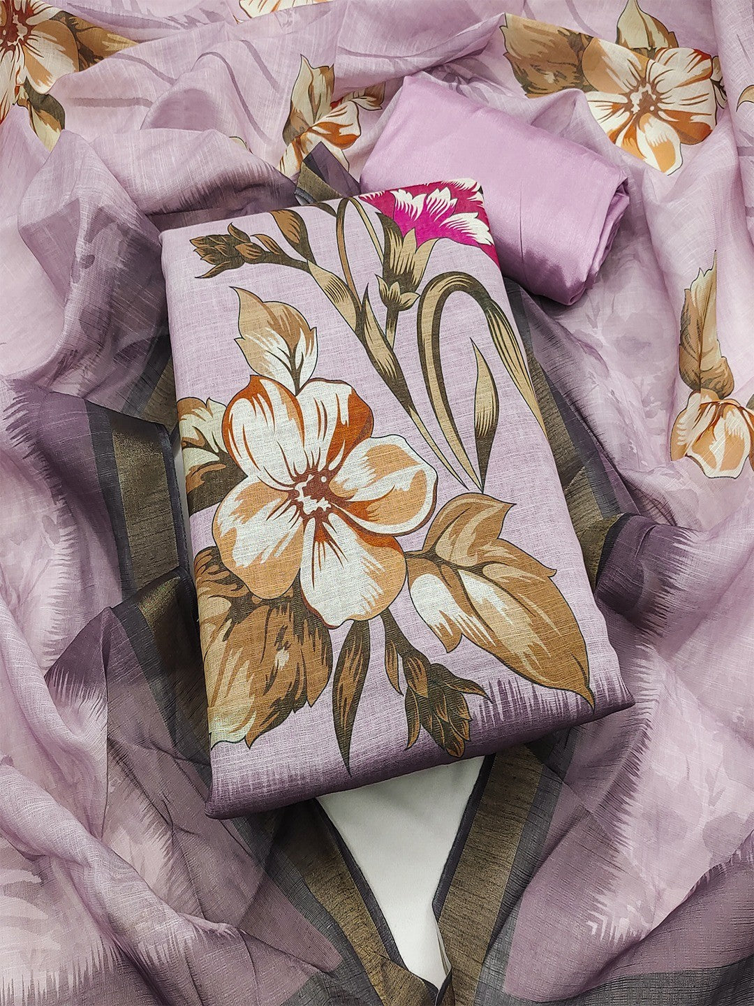 Elegant Floral Printed Purple Linen Dress Material Set - Image 2