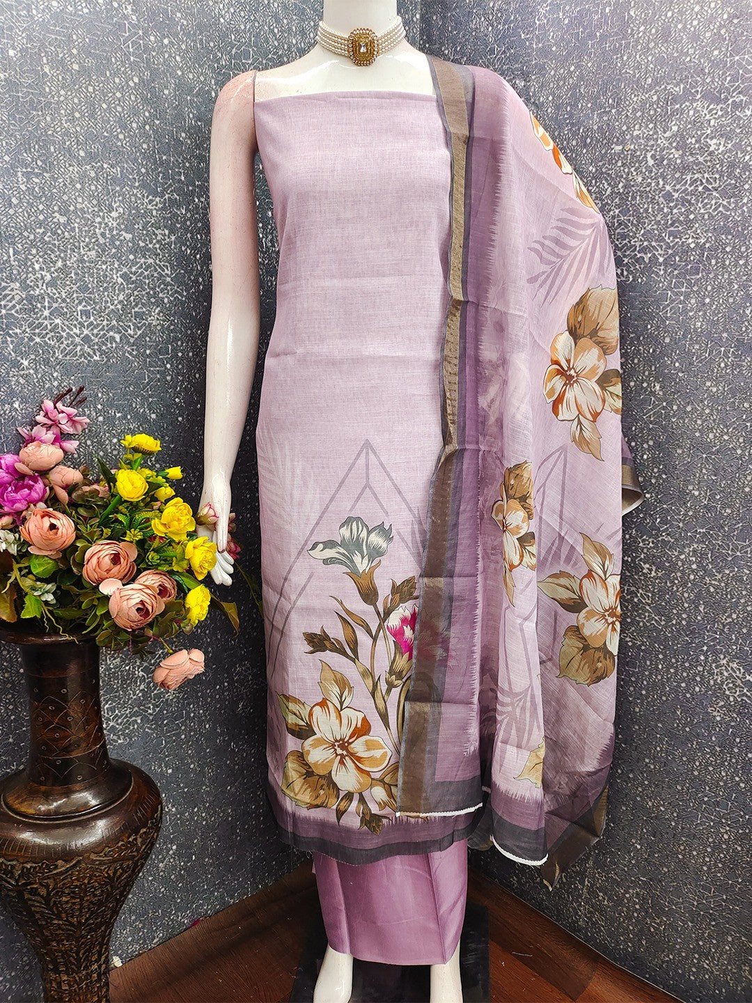 Elegant Floral Printed Purple Linen Dress Material Set - Image 3