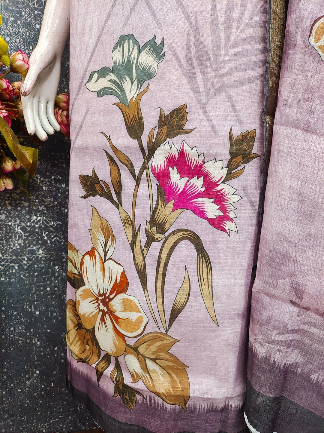 Elegant Floral Printed Purple Linen Dress Material Set - Image 4