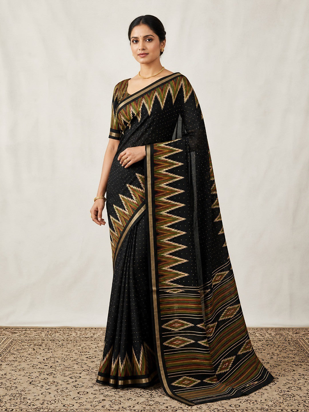 Classic Black Ikkat Printed Mulmul Cotton Saree With Elegant Zari Weaving Border - Image 1