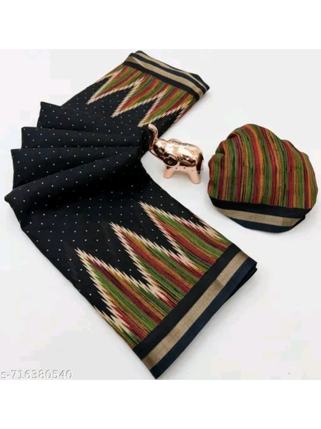 Classic Black Ikkat Printed Mulmul Cotton Saree With Elegant Zari Weaving Border - Image 3