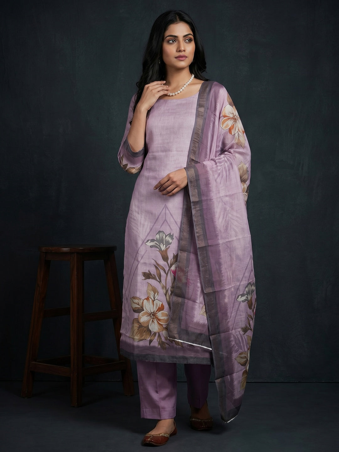 Elegant Floral Printed Purple Linen Dress Material Set - Image 1