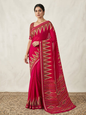 Classic Pink Ikkat Printed Mulmul Cotton Saree With Elegant Zari Weaving Border - Image 1