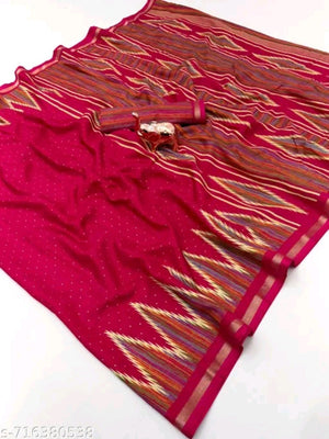 Classic Pink Ikkat Printed Mulmul Cotton Saree With Elegant Zari Weaving Border - Image 2