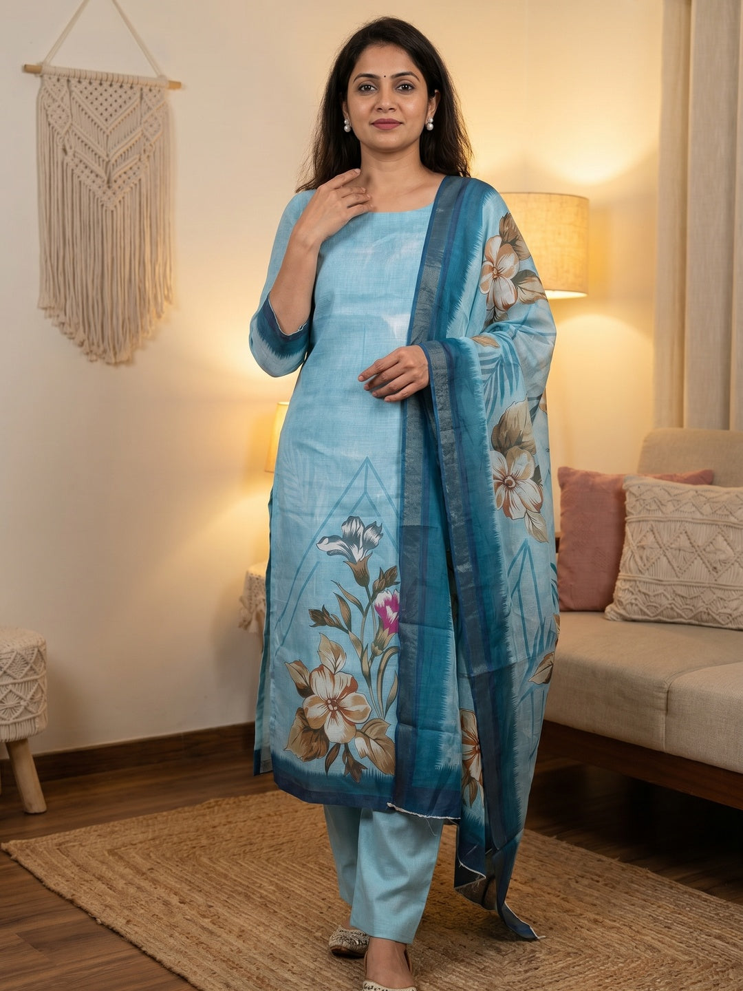 Elegant Floral Printed Blue Linen Dress Material Set - Image 1