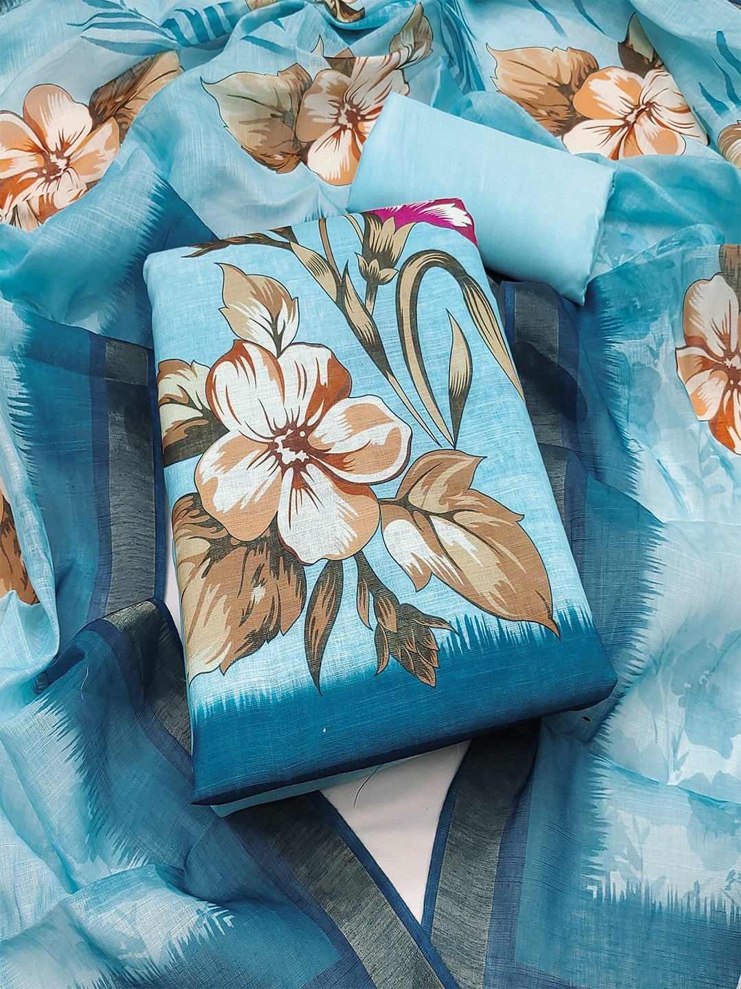 Elegant Floral Printed Blue Linen Dress Material Set - Image 2