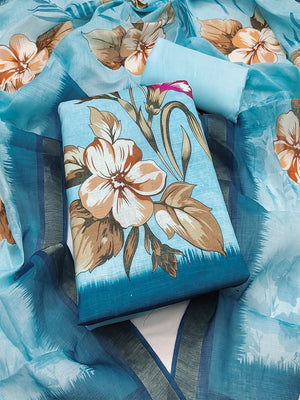 Elegant Floral Printed Blue Linen Dress Material Set - Image 1