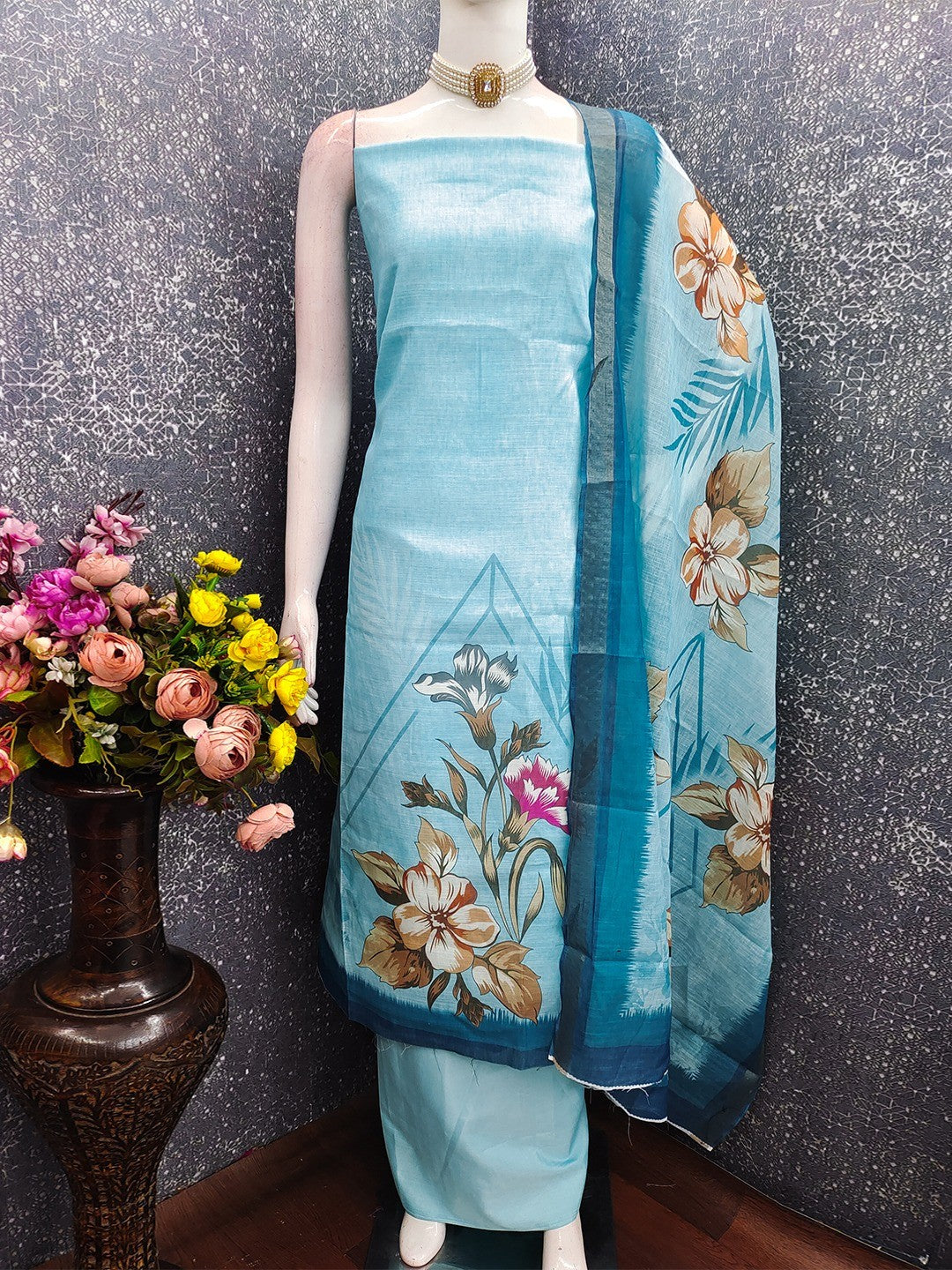 Elegant Floral Printed Blue Linen Dress Material Set - Image 3