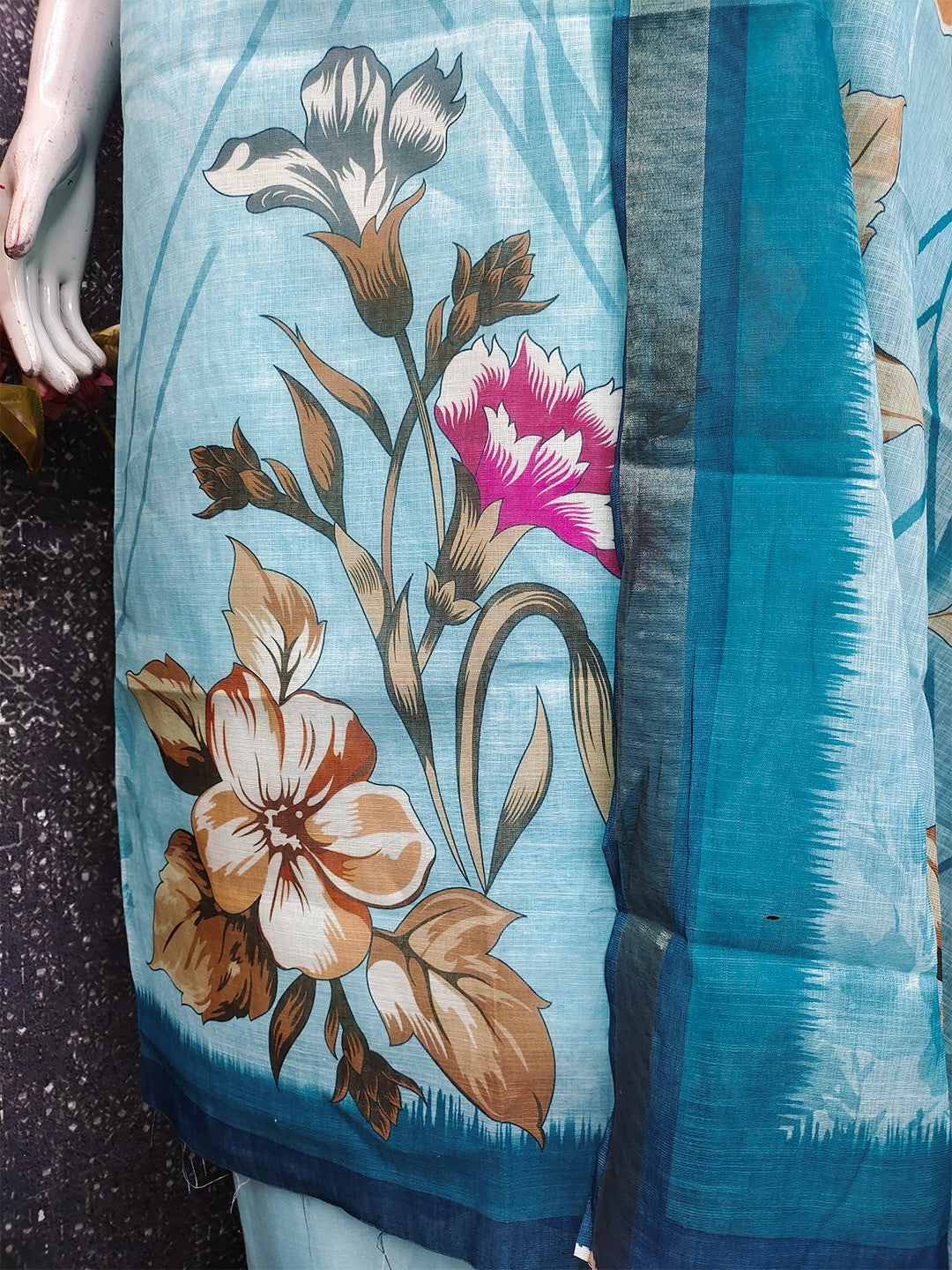 Elegant Floral Printed Blue Linen Dress Material Set - Image 4
