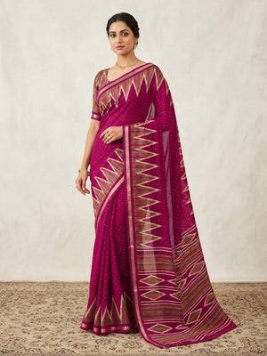 Classic Magenta Ikkat Printed Mulmul Cotton Saree With Elegant Zari Weaving Border - Image 1