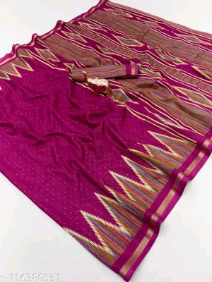 Classic Magenta Ikkat Printed Mulmul Cotton Saree With Elegant Zari Weaving Border - Image 2