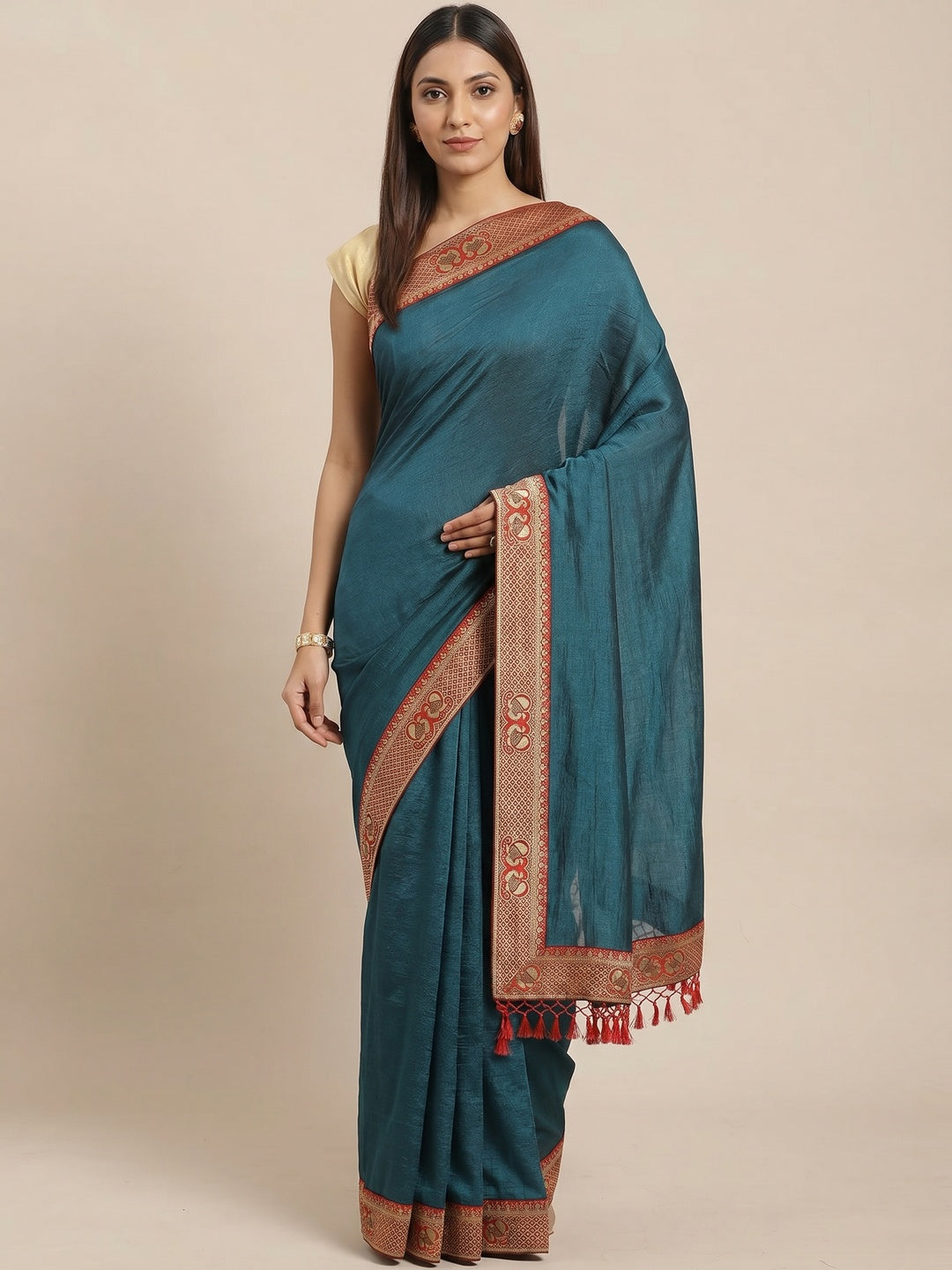 Flattering Teal Blue Colored Festive Woven Silk Blend Saree - Image 1