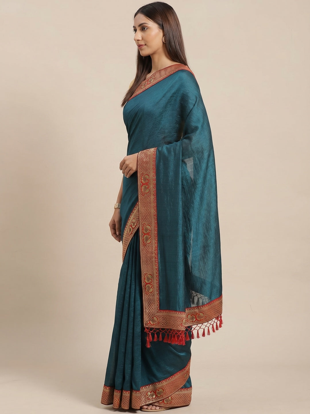 Flattering Teal Blue Colored Festive Woven Silk Blend Saree - Image 2