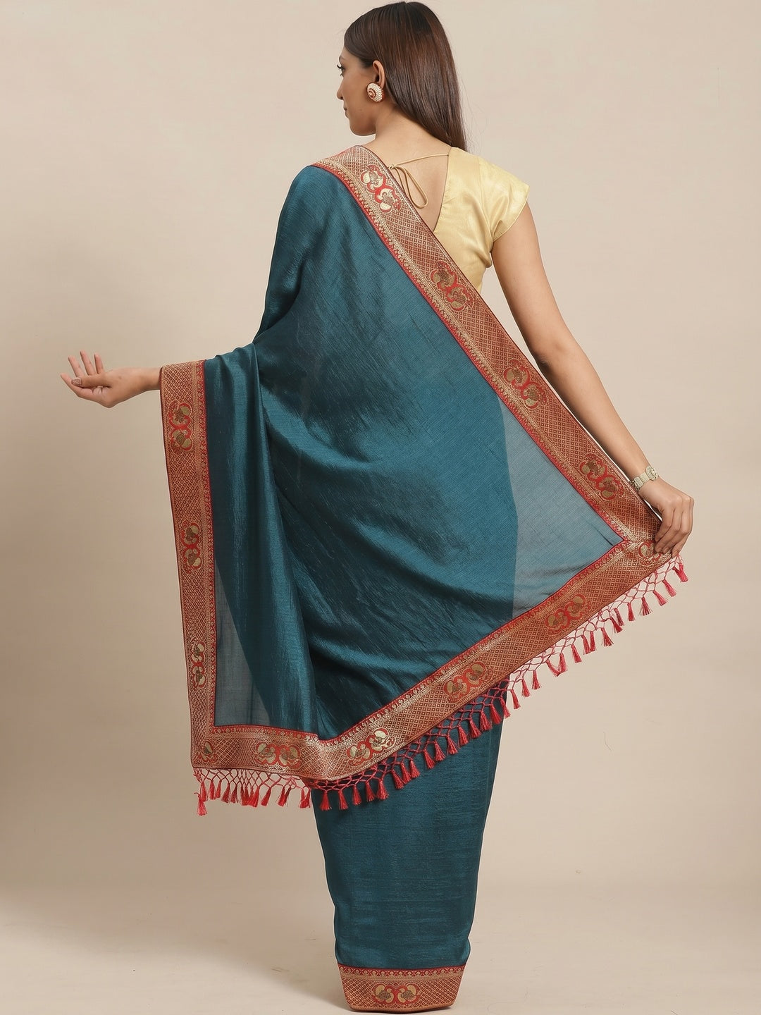 Flattering Teal Blue Colored Festive Woven Silk Blend Saree - Image 3
