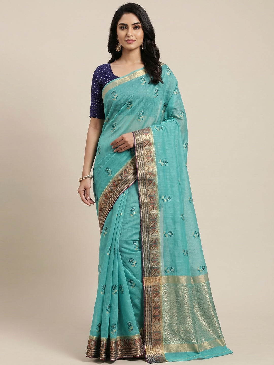 Charming Sea Green Colored Festive Wear Foil Printed Cotton Silk Saree - Image 1