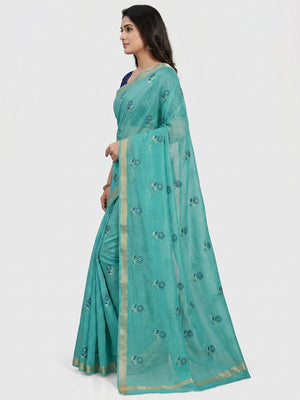 Charming Sea Green Colored Festive Wear Foil Printed Cotton Silk Saree - Image 2