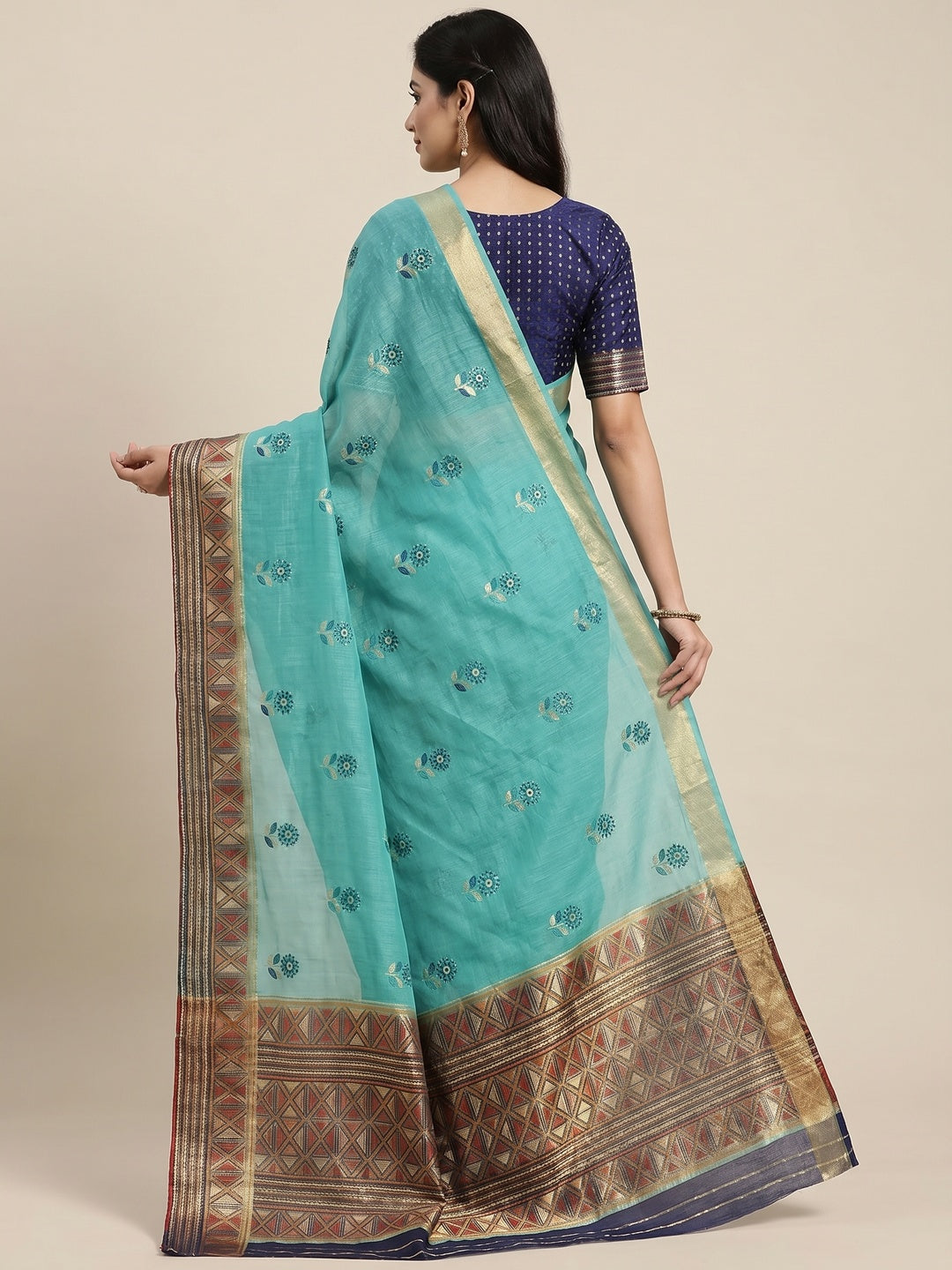 Charming Sea Green Colored Festive Wear Foil Printed Cotton Silk Saree - Image 3