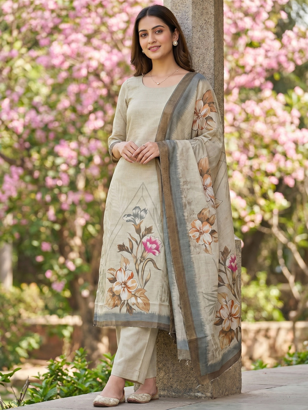 Elegant Floral Printed Beige Linen Dress Material Set - Image 1