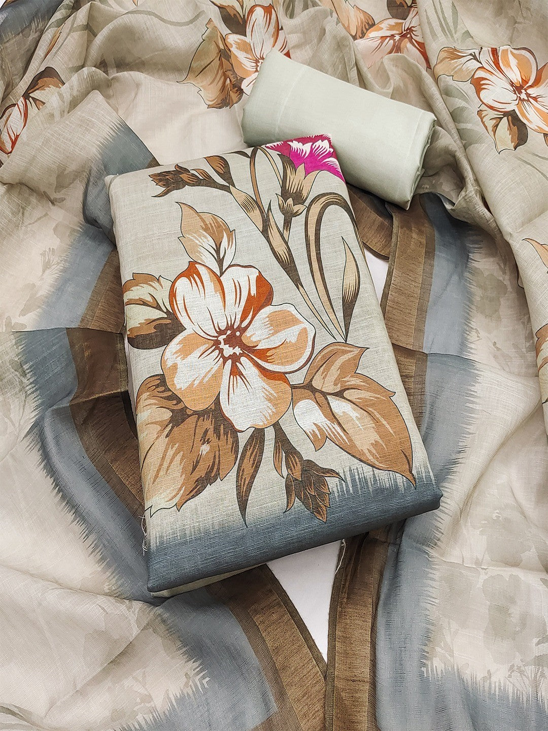 Elegant Floral Printed Beige Linen Dress Material Set - Image 2