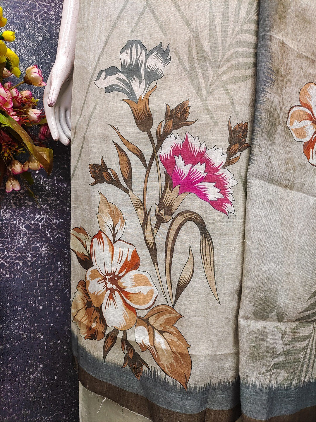 Elegant Floral Printed Beige Linen Dress Material Set - Image 4
