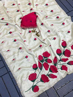 Elegant Cream & Red Floral Rangoli Saree with Mirror Work Border - Image 2