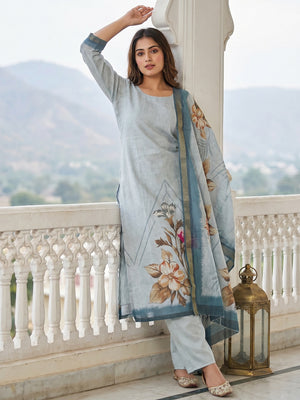 Elegant Floral Printed Grey Linen Dress Material Set - Image 1