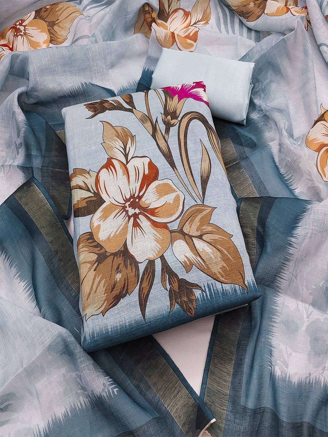Elegant Floral Printed Grey Linen Dress Material Set - Image 2