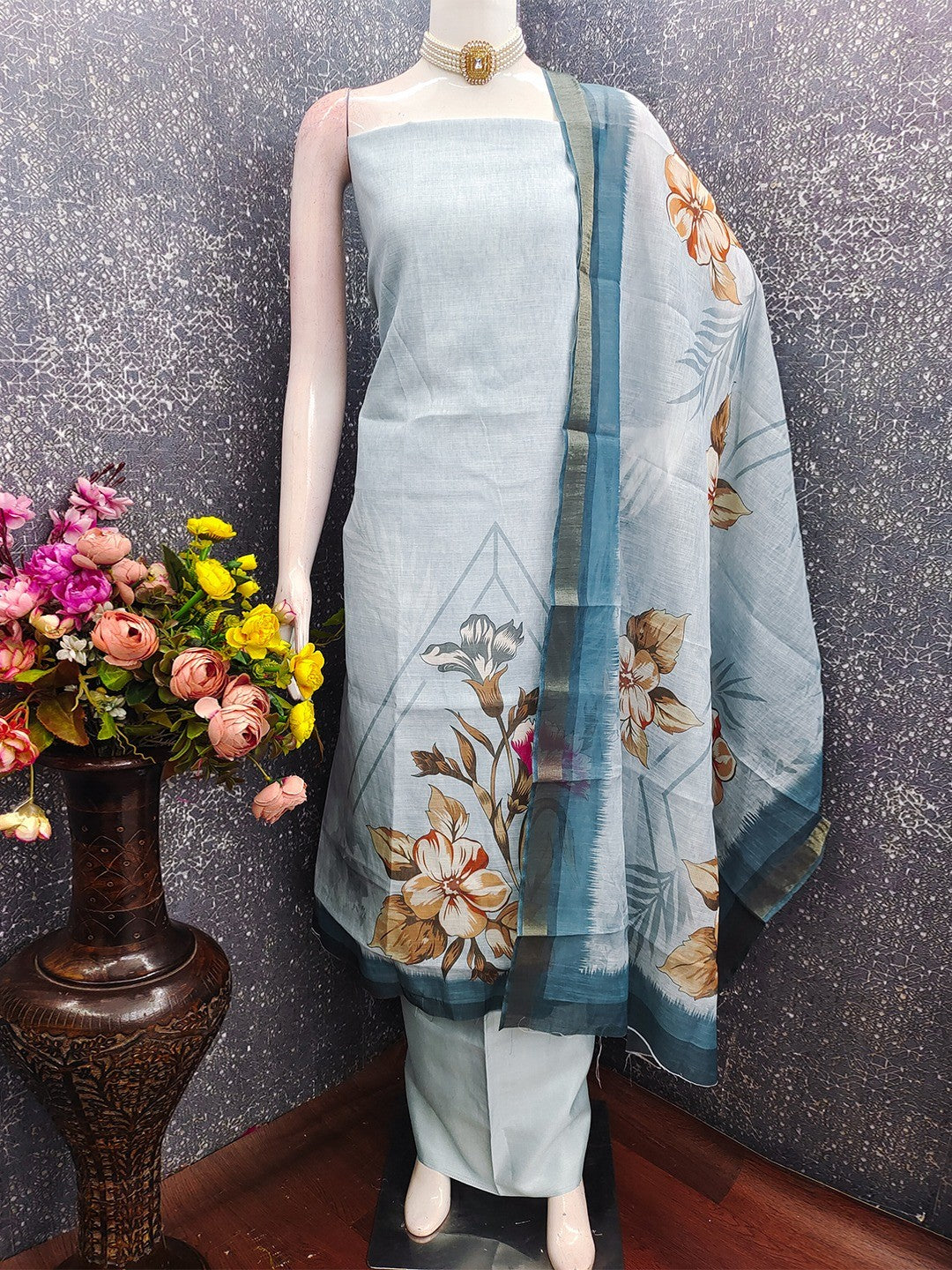 Elegant Floral Printed Grey Linen Dress Material Set - Image 3